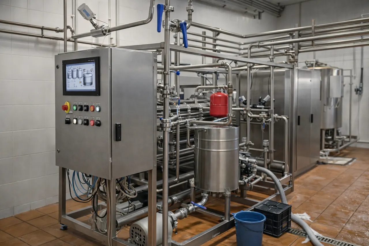 Линия молочного производства с нержавеющими трубопроводами, резервуарами и шкафом управления.
