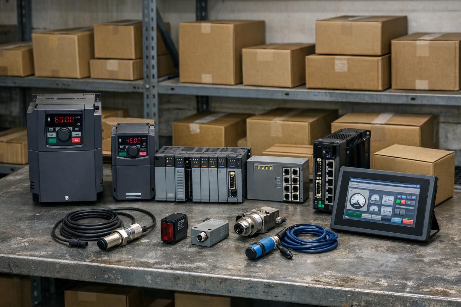 Частотные приводы, PLC, промышленный коммутатор, датчики и панель оператора на рабочем столе.