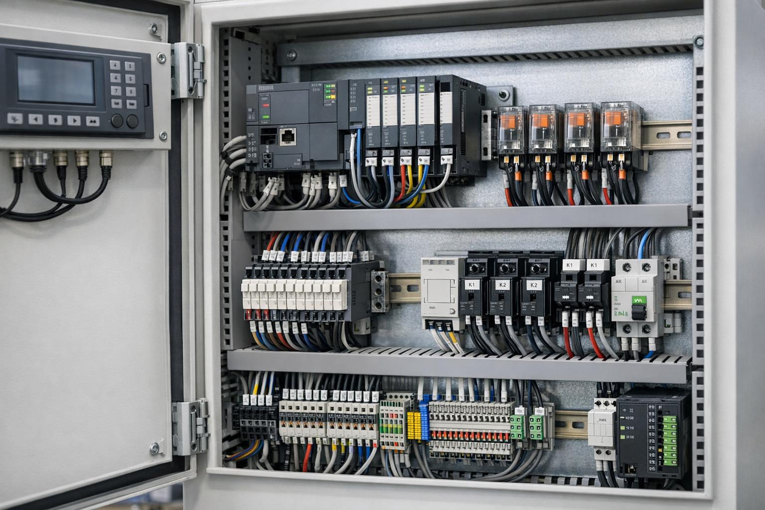Открытый шкаф управления крупным планом с PLC, реле, клеммами и маркированной проводкой.