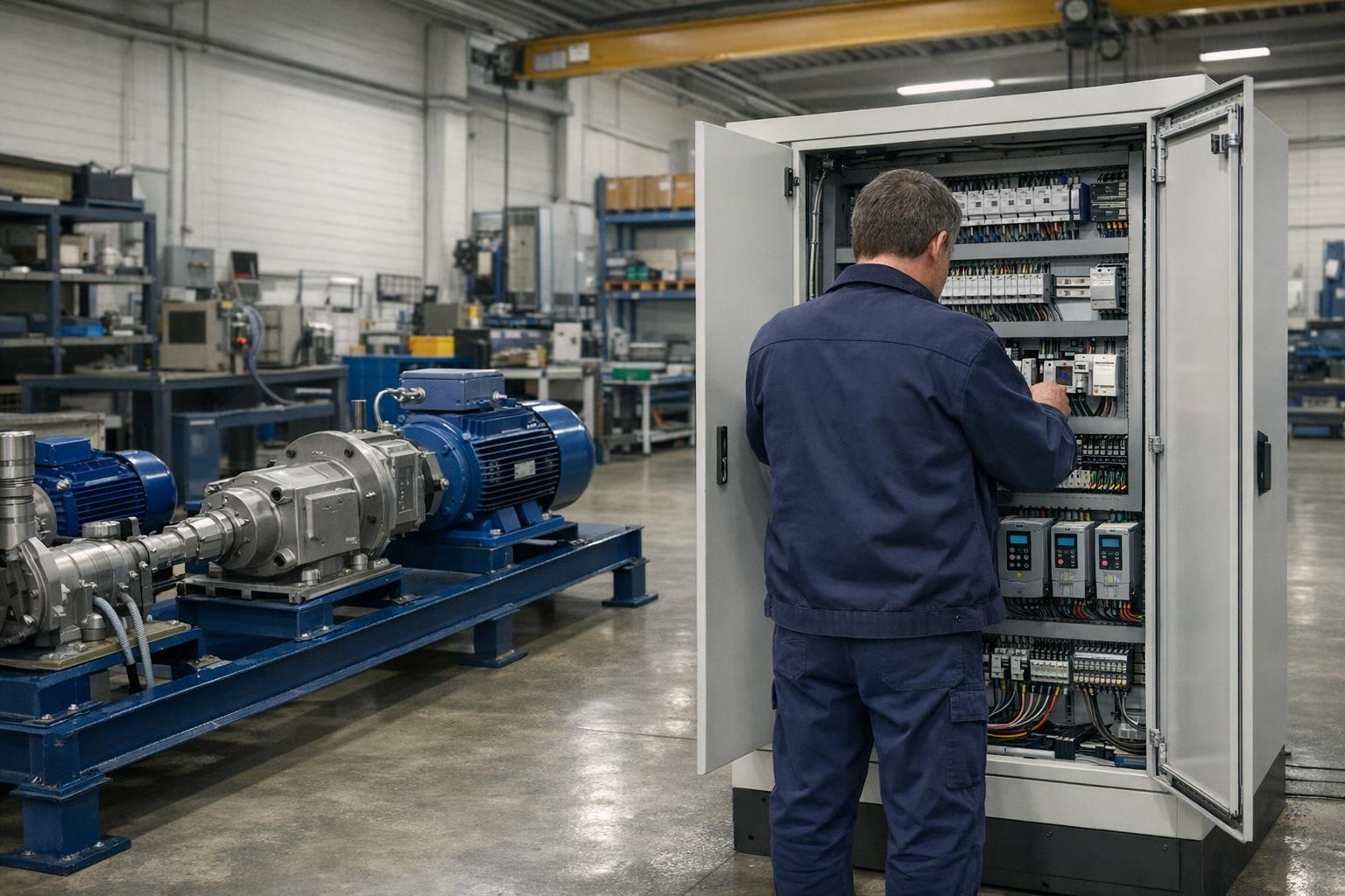 Инженер обслуживает шкаф управления рядом с насосным агрегатом в производственном цехе.