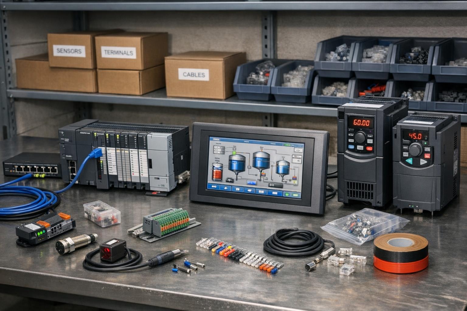 PLC, HMI, частотные приводы, датчики и комплектующие для инженерного подбора на сервисном столе.