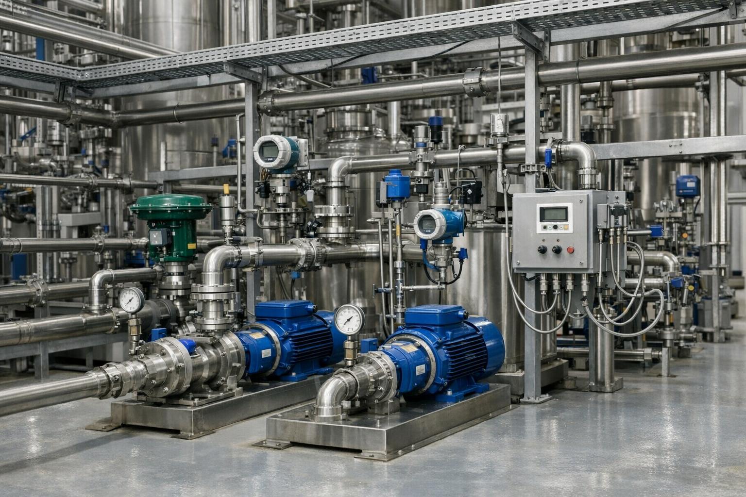 Промышленный насосный узел из нержавеющей стали с трубопроводами, датчиками и приводами в цехе.