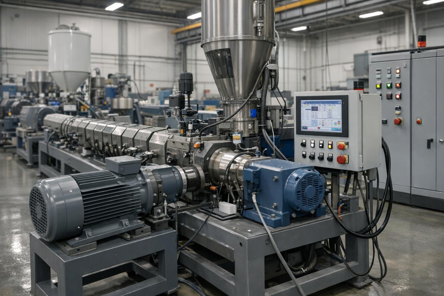 Производственная линия с экструдером, электродвигателем и панелью управления.