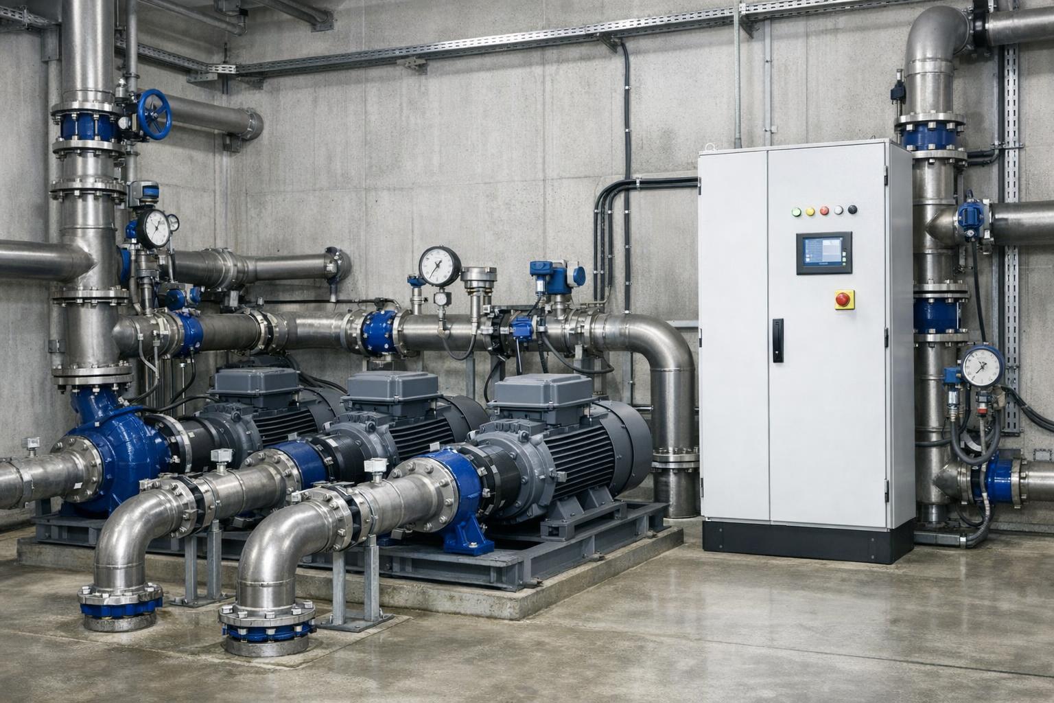 Насосная станция с тремя насосами, трубопроводами, манометрами и шкафом управления.