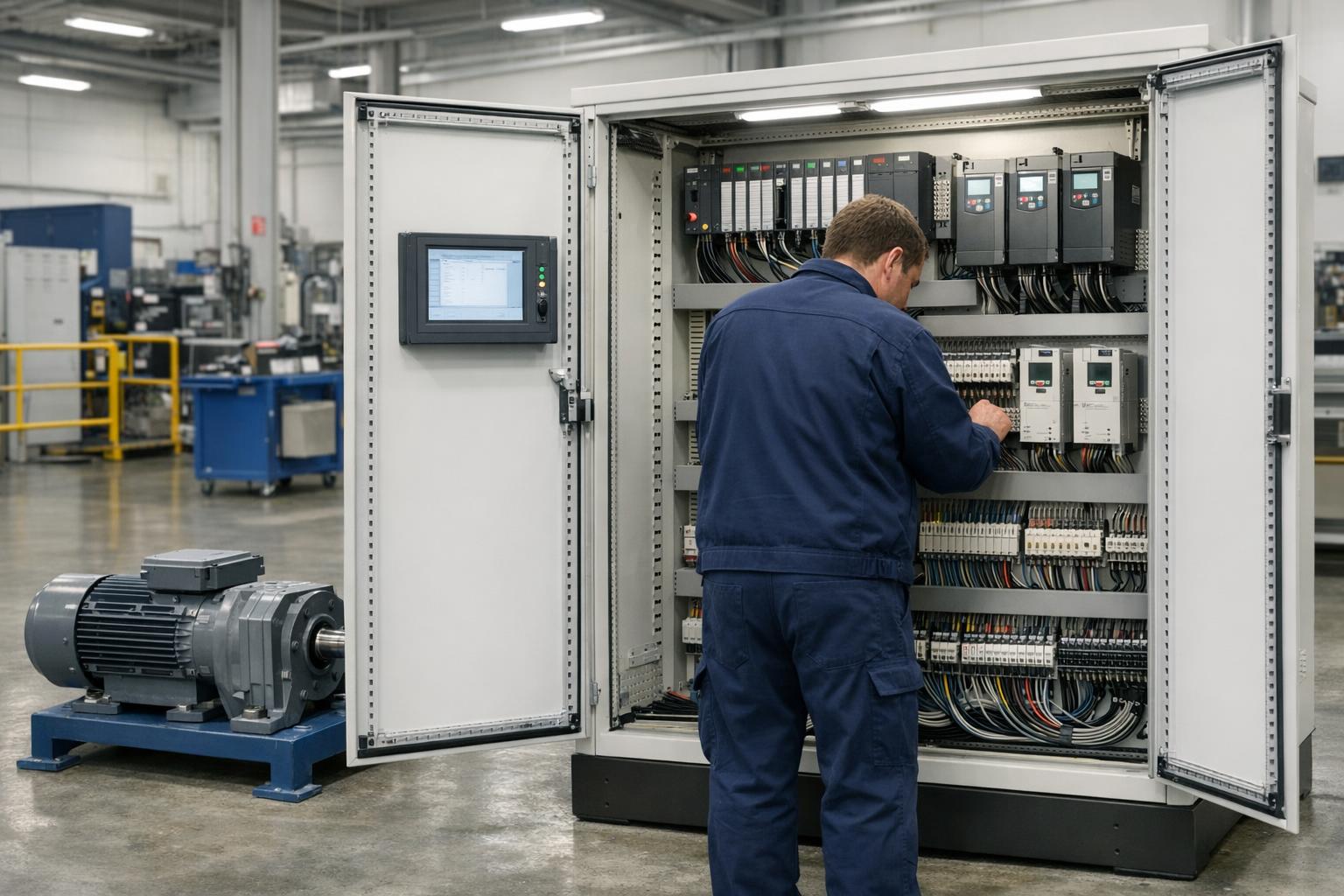 Инженер у открытого шкафа управления в чистом производственном помещении.