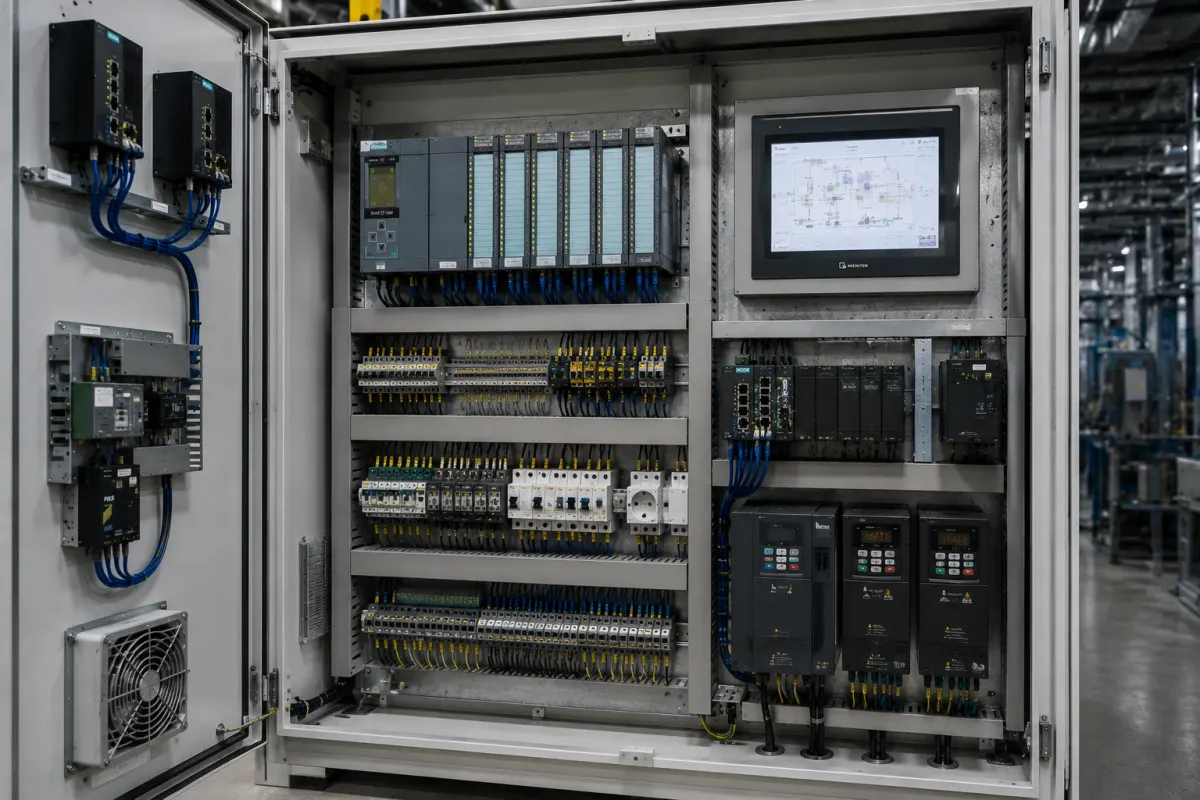 Шкаф промышленной автоматизации с PLC-контроллерами, HMI-панелью и сетевым оборудованием