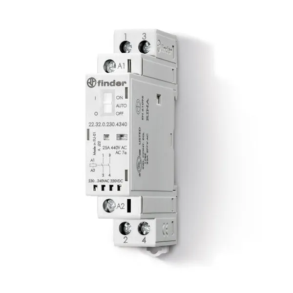 223200124340 | Контактор, 2НО, 25 А, 12В AC/DC, перекл. Авто-Вкл-Выкл + мех.индикатор + LED, AgSnO2, Finder
