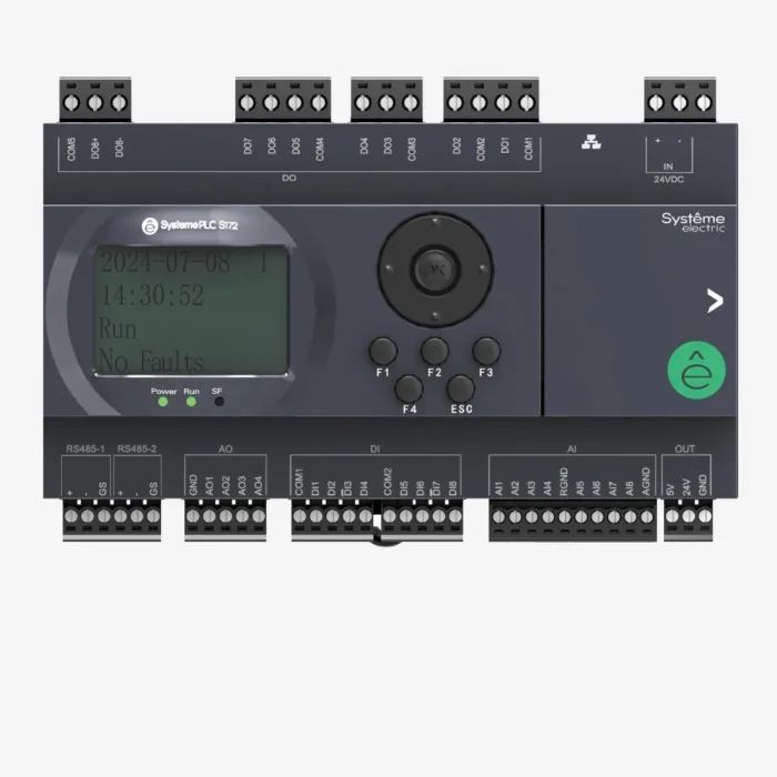 SM172PS11BDT | ПЛК S172; 24 VDC; дисплей; 28 IO: 8 DI, 8 DO (транзистор), 8 AI, 4 AO; 2xRS485, 1xRJ45, Systeme Electric