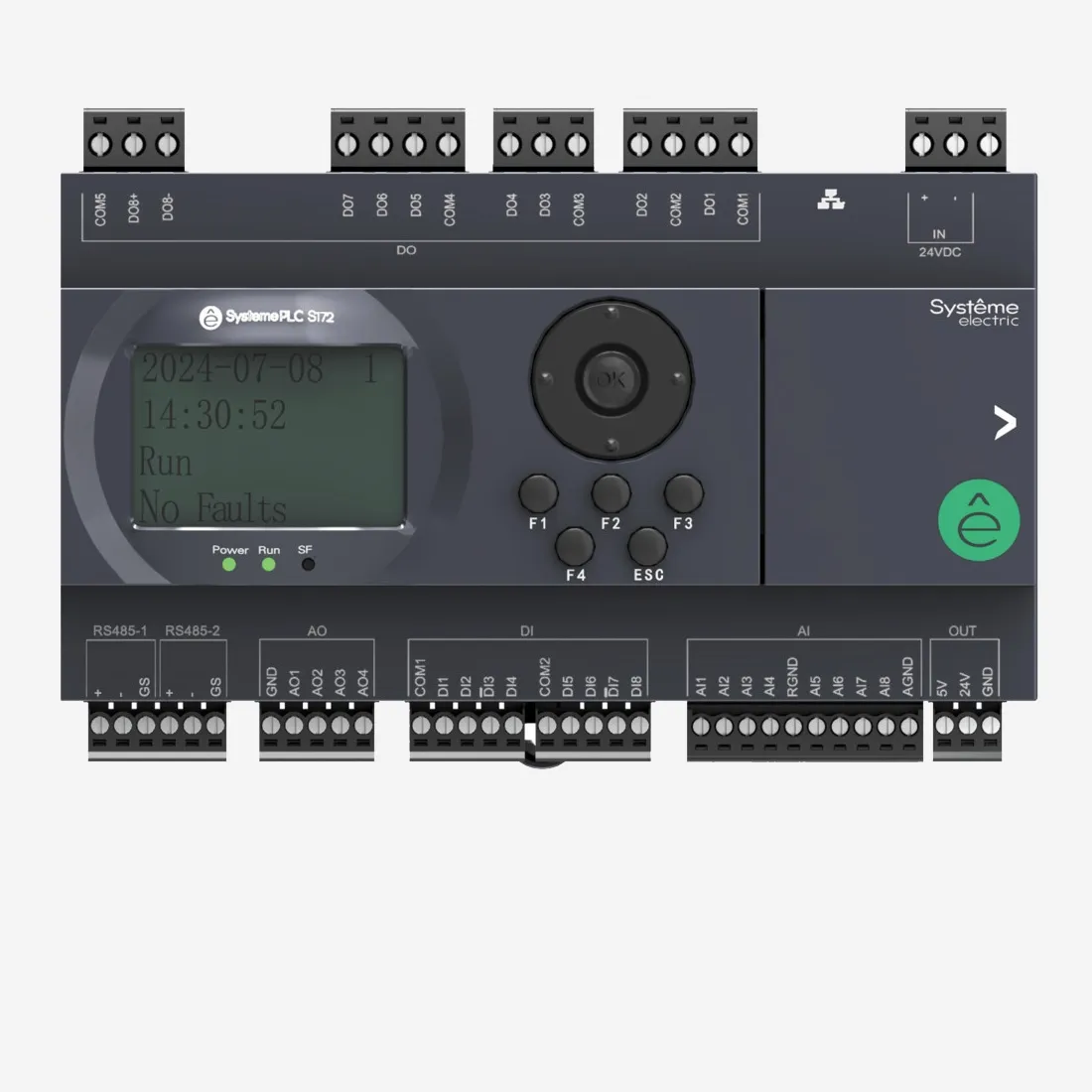 SM172PS11BDT | ПЛК S172; 24 VDC; дисплей; 28 IO: 8 DI, 8 DO (транзистор), 8 AI, 4 AO; 2xRS485, 1xRJ45, Systeme Electric