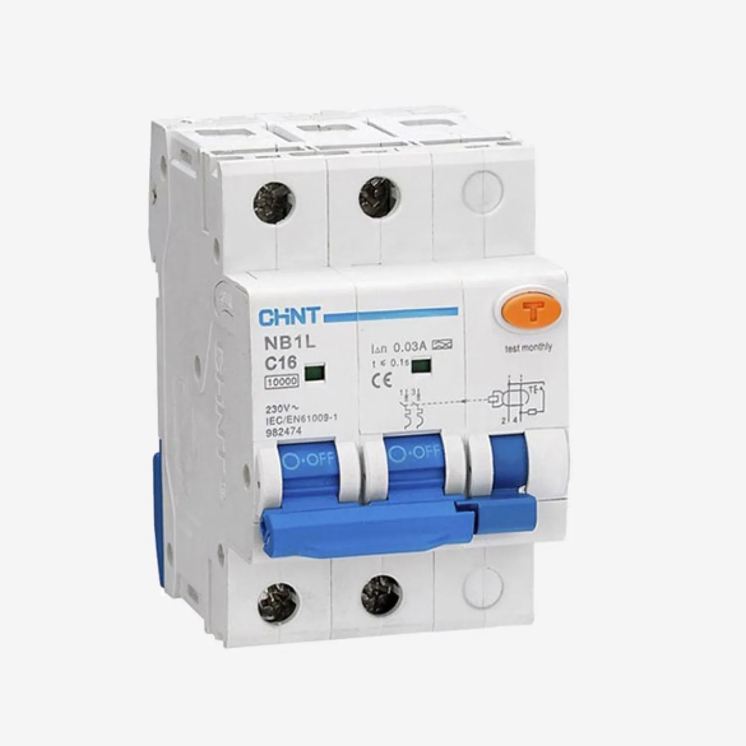 205091 | Дифференциальный автомат NB1L 2P C16 30мА тип AC 10кА (54mm), Chint