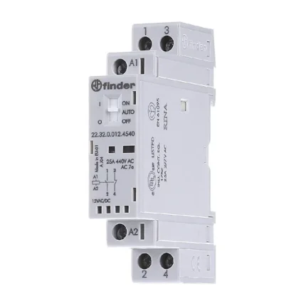 223200124540 | Контактор, 1НО+1НЗ, 25 А, 12В AC/DC, перекл. Авто-Вкл-Выкл + мех.индикатор + LED, AgSnO2, Finder