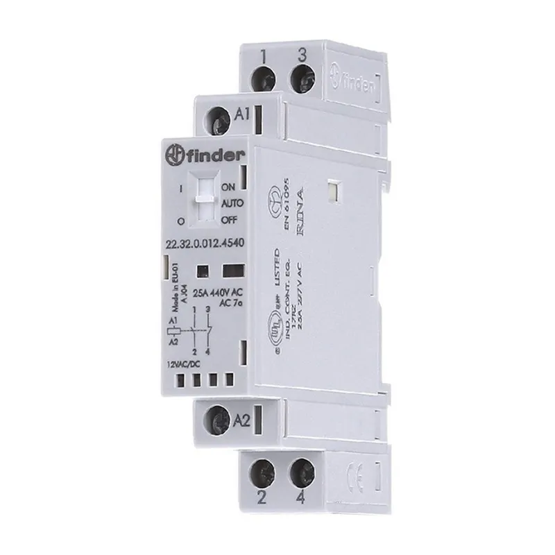 223200124540 | Контактор, 1НО+1НЗ, 25 А, 12В AC/DC, перекл. Авто-Вкл-Выкл + мех.индикатор + LED, AgSnO2, Finder